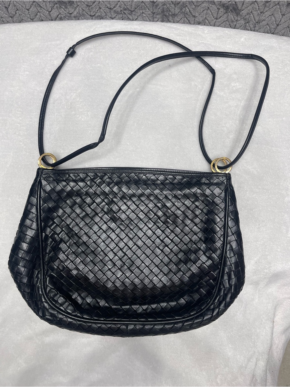 Vintage Meyers USA Black Leather Woven Intrecciato Shoulder Purse Brass Rings